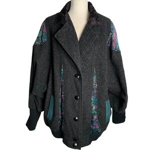 Vintage Oversized Wool Blend Coat 2XL Black Floral Accents Buttons Pockets